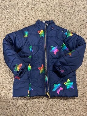 Kids Headquarters Navy Puffer Jacket with Iridescent Rainbow Stars